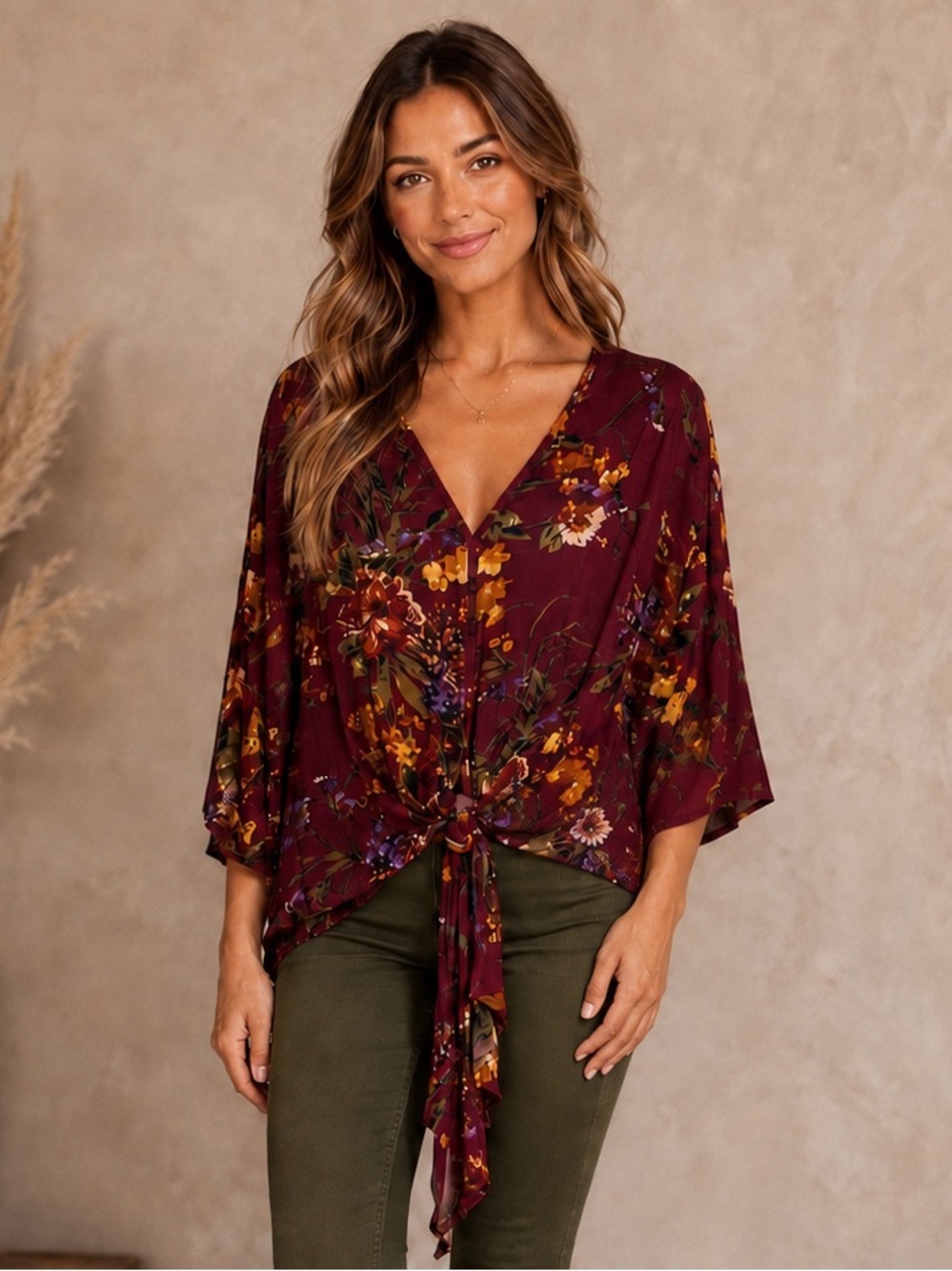 Blu Pepper Burgundy Floral Tie-Front Blouse NWOT